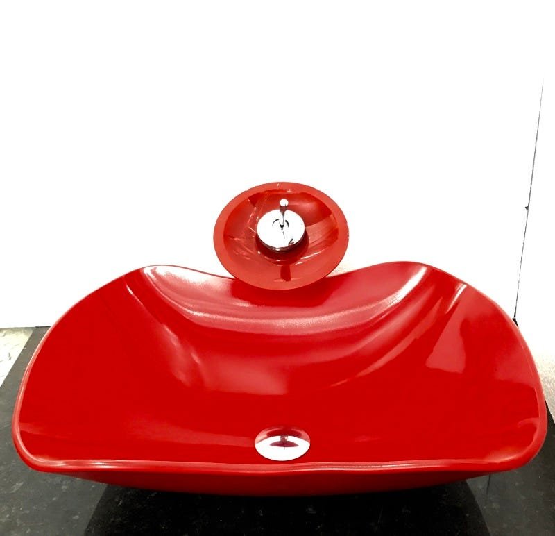 Kit com cuba vidro abaulada vermelha,válvula e torneira - 1