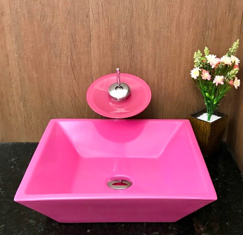 Kit com cuba louça quadrada rosa,válvula,torneira e sifão - 5