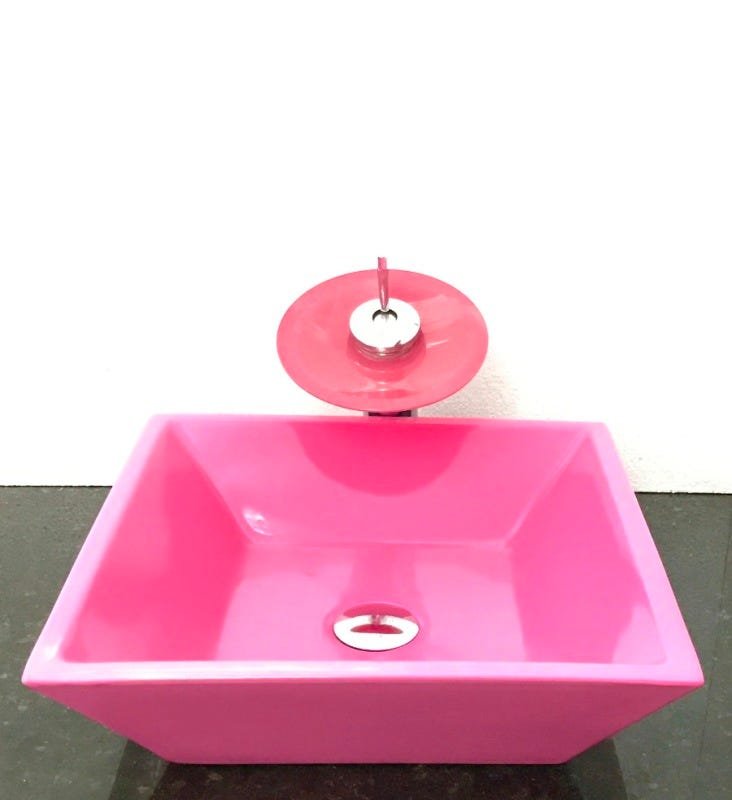 Kit com cuba louça quadrada rosa,válvula,torneira e sifão - 1