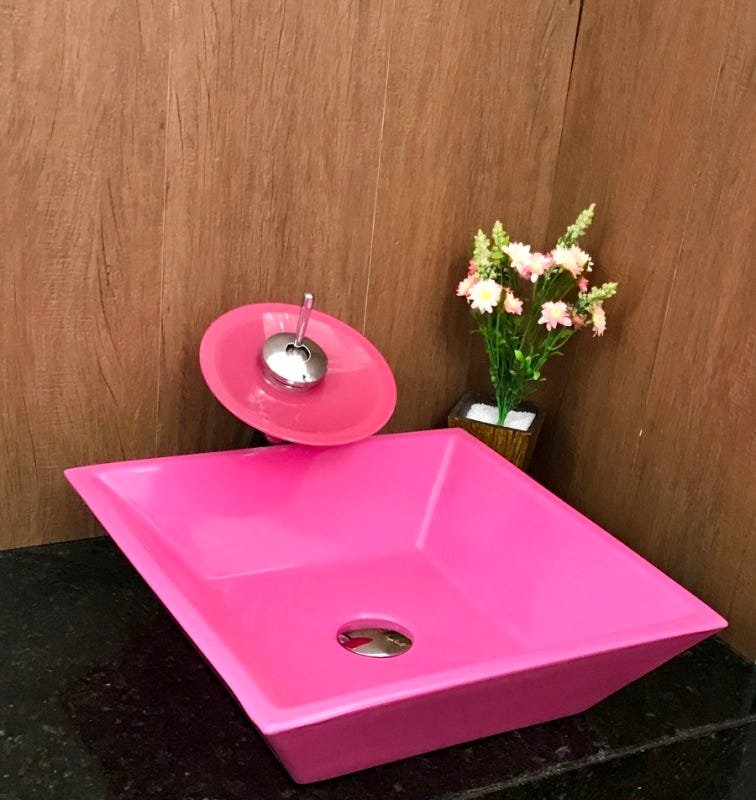 Kit com cuba louça quadrada rosa,válvula,torneira e sifão - 3