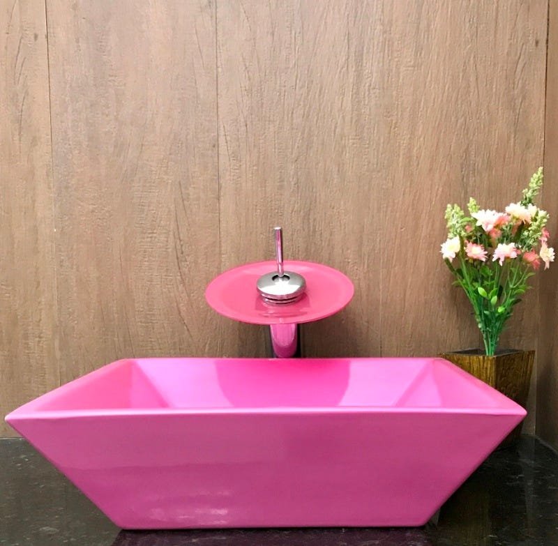 Kit com cuba louça quadrada rosa,válvula,torneira e sifão - 2