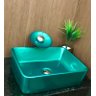 Kit com cuba louça retangular verde,válvula,torneira,sifão - 2