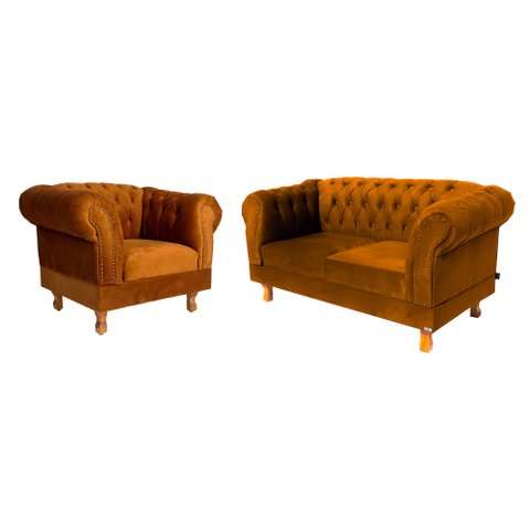 Conjunto Sofá Namoradeira Chesterfield Capitone Veludo Terra Cota Decorativa / Sala, Tv, Estar, Rece