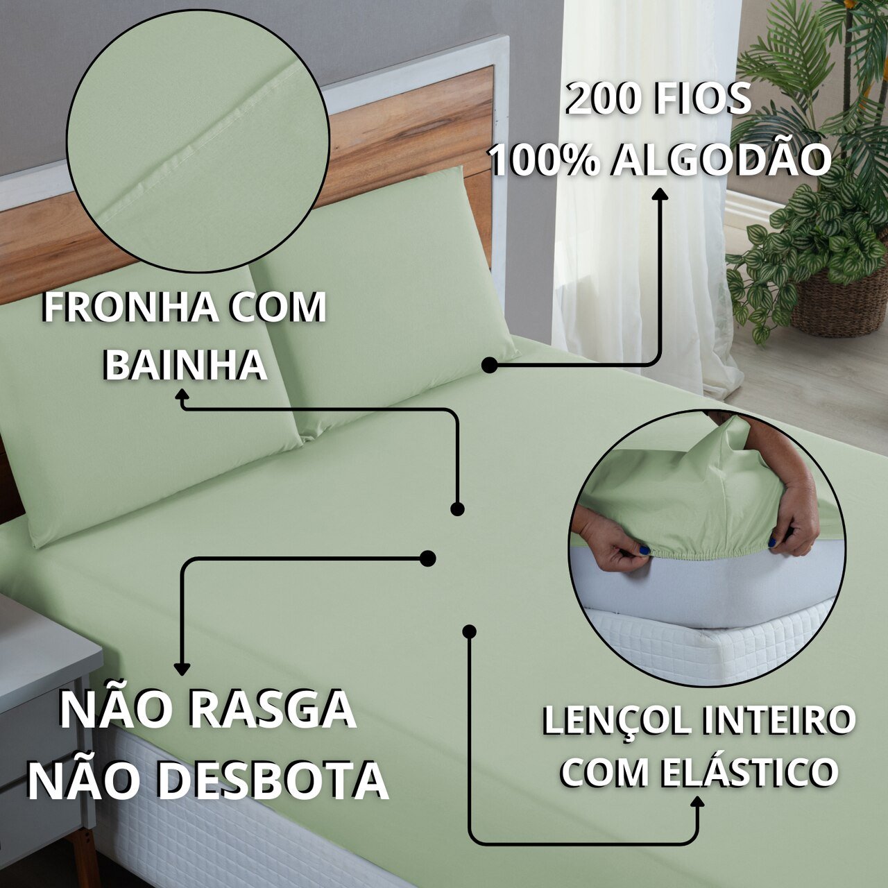 Kit Roupa de Cama Solteiro Percal 200 Fios 100% Algodão com Elástico e Fronha 2 Peças:verde - 6