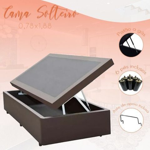 Cama Box Bau Solteirão 0,96 X 2,03 Blindada Super Reforçada - Marrom Corino