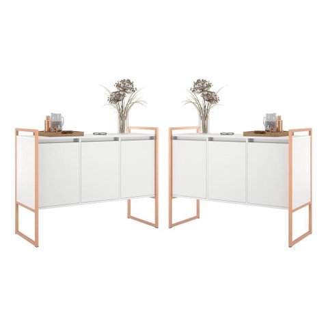 Buffet Ponto Nobre Industrial 3 Portas 2 Unidades MDF 120cm Branco Cobre