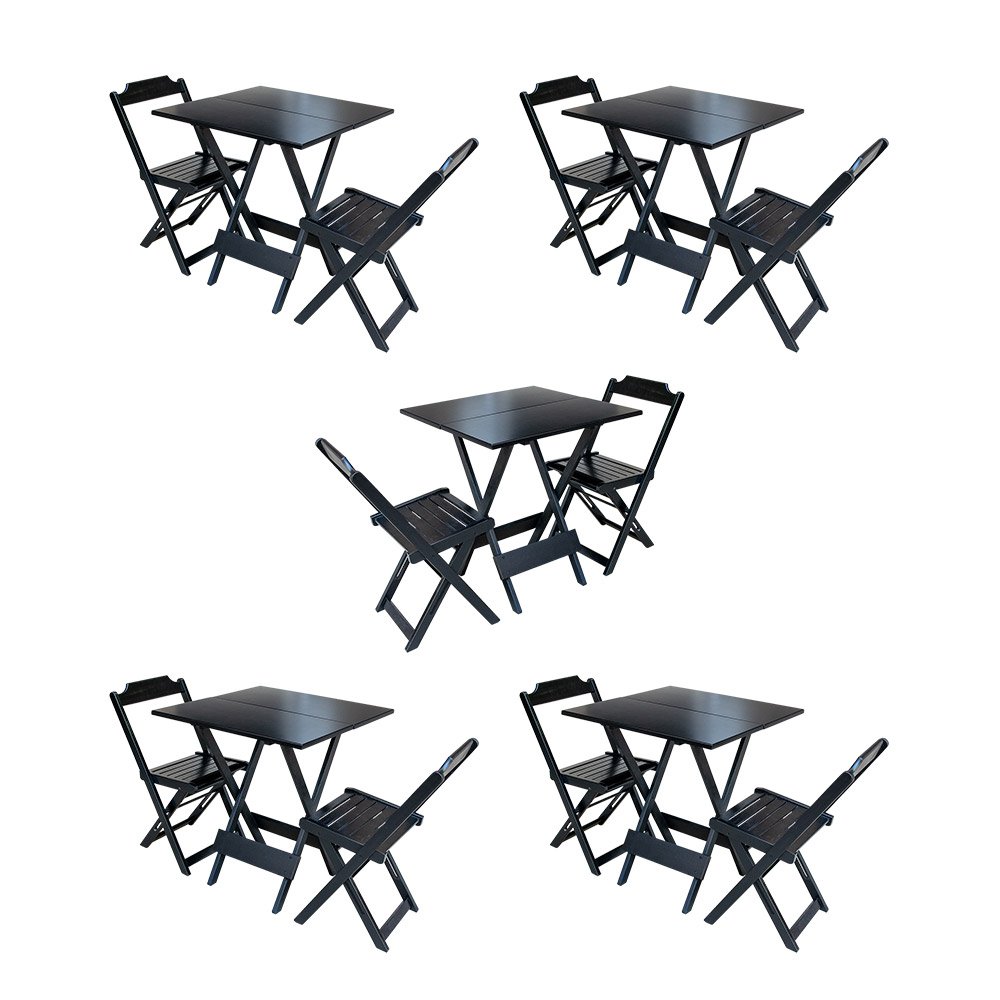 Kit 5 Conjuntos de Mesa Dobravel com 2 Cadeiras de Madeira 70x70 para Restaurante e Bar - Preto - 1