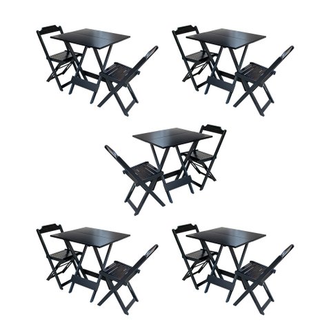 Kit 5 Conjuntos de Mesa Dobravel com 2 Cadeiras de Madeira 70x70 para Restaurante e Bar - Preto