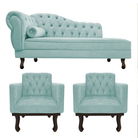 Kit Diva Recamier Diana 185cm Lado Direito e 02 Poltronas Classic Suede Azul Tiffany - ADJ Decor