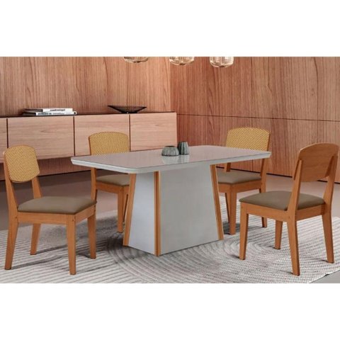 Conjunto Sala de Jantar Tilia C/ Tampo Madeirado C/ Vidro Canto Curvo 120x80cm e 4 Cadeiras Havana