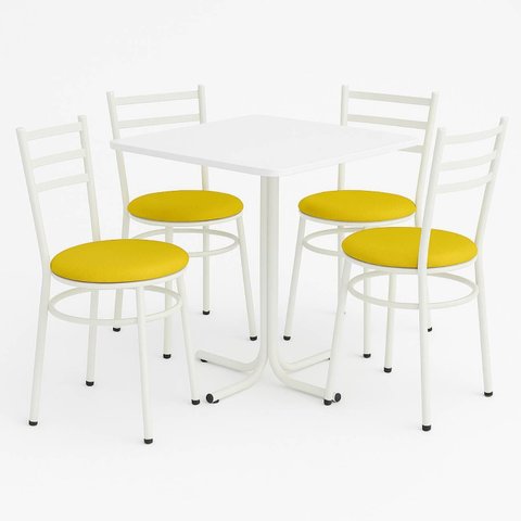 Conjunto Mesa Branca 70x70cm Tampo Branco com 4 Cadeiras Epoxi