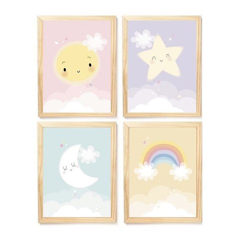 Kit Quadro Decorativo Infantil Arco Íris Sol Estrela Lua Quarto Criança Bebê Enxoval