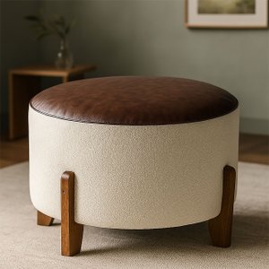 Puff Assento Corino Bouclé Confortável Resistente Decorativo Savana