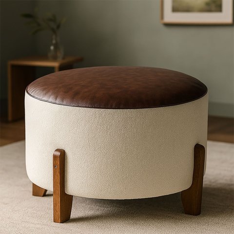 Puff Assento Corino Bouclé Confortável Resistente Decorativo Savana