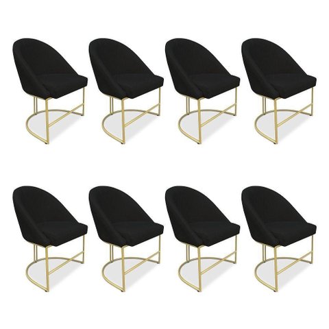 Kit 08 Cadeiras Poltrona de Jantar Bela Veludo Preto Base Metálica Industrial Dourado - Pallazio