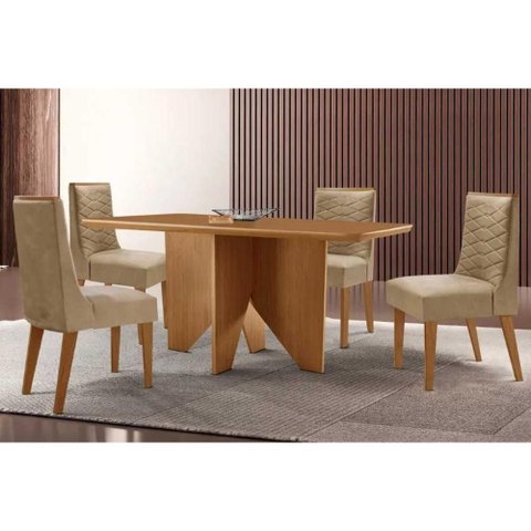 Conjunto: Mesa Sala Jantar Nevada Curvo 120cm + 4 Cadeiras Maldivas Madeira Naturale - Capuccino/
