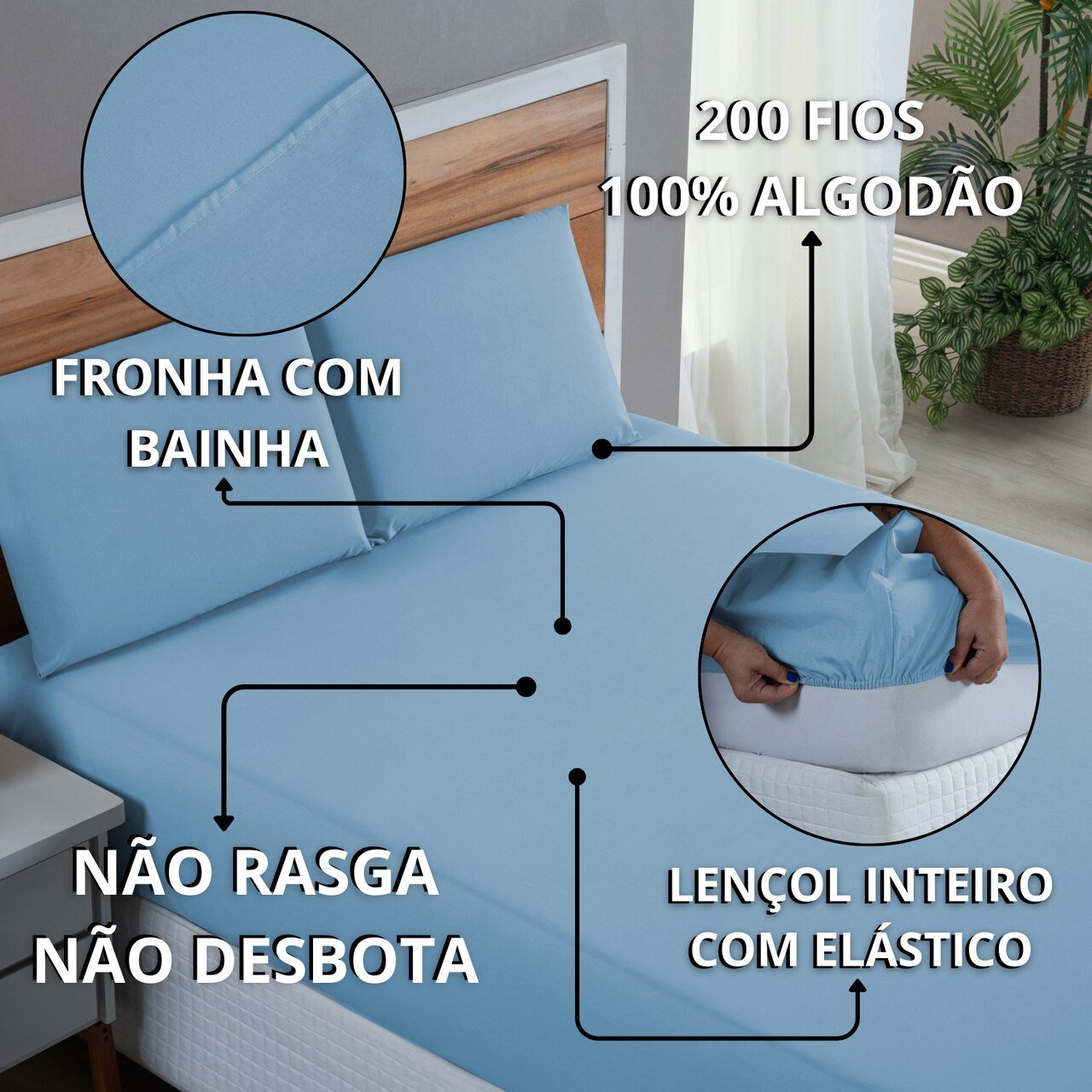 Lençol Solteiro com Elástico e Fronha 200 Fios 100% Algodão 2 Peças:azul Piscina - 6