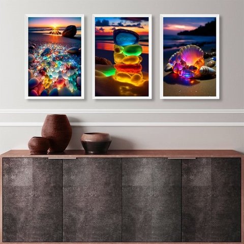 Kit 3 Quadros Praia Pedras Coloridas Iluminadas 24x18cm - com Vidro:madeira Branca