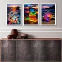 Ver imagem 1 de Kit 3 Quadros Praia Pedras Coloridas Iluminadas 24x18cm - com Vidro:madeira Branca