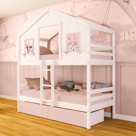 Beliche Casinha Dos Sonhos com 02 Gavetas Madeira Maciça Branco/ Rosa Megamobilia