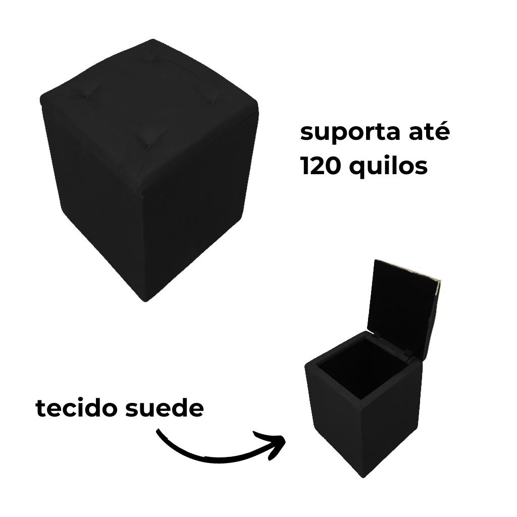 Puff Baú Quadrado Guarda Acessórios Assento Apoio de Pés - Preto - 3