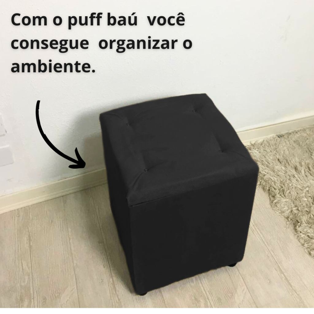 Puff Baú Quadrado Guarda Acessórios Assento Apoio de Pés - Preto - 4