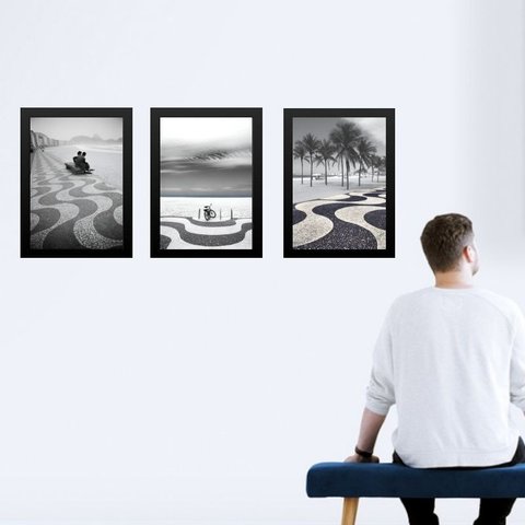 Kit 3 Quadros Fotos de Copacabana - Rio de Janeiro 33x24cm - com Vidro:moldura Branca