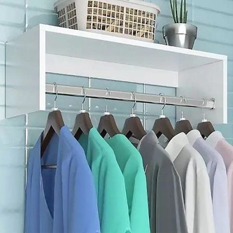 Cabideiro Prateleira Araras de Roupas - 63x12x25 cm em MDF Branco