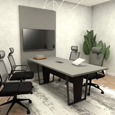 Conjunto Escritório Mesa 2m Caixa Tomada e Painel Tv Csp F5 Cor:cinza Sagrado com Preto