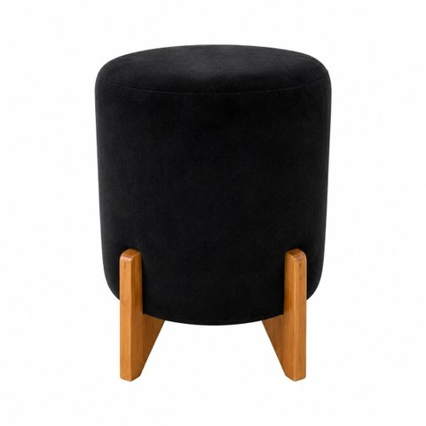 Puff Redondo Preto para Sala Quarto Belize Veludo com Pés Madeira