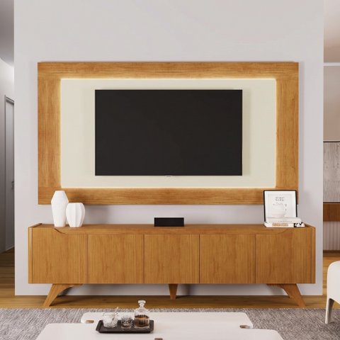 Conjunto Painel + Rack Atenas Painel Off White/Naturalle Rack Naturalle 220 cm Mavaular