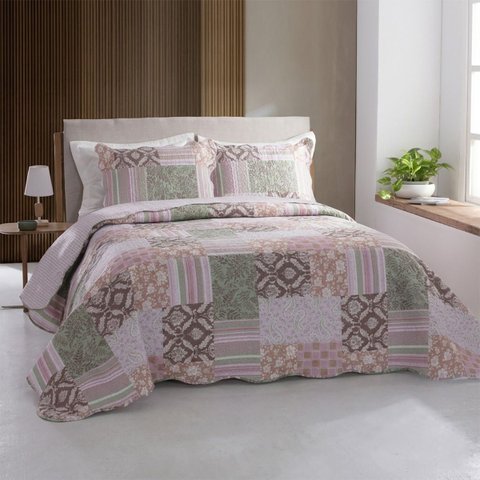Colcha Patchwork Queen Size Dupla Face C/ Porta Travesseiro Lucca 5 Rozac