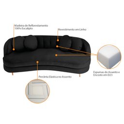 Sofá Curvo 3 Lugares Orgânico Sala Recepção Escritório Decorativo Luxo Panamá 200cm Linho Preto - 5