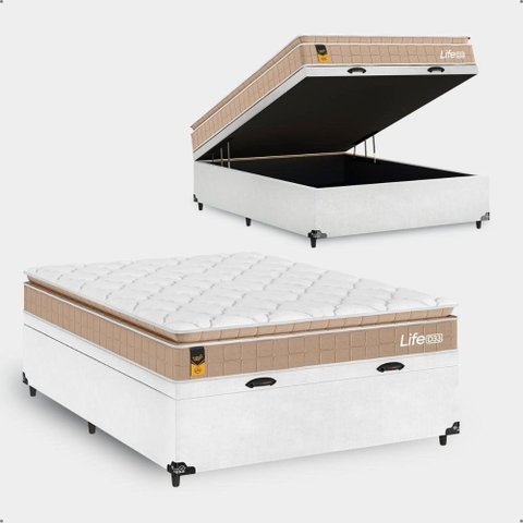 Cama Box Baú Viúva Suede Branco + Colchão Life D33 Pillow Top 61x128x188cm Bege- e-Shop Casa