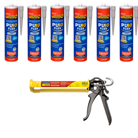 Kit 6 Pu40 Cinza 400g Dryko e Pistola P/ Silicone Tramontina