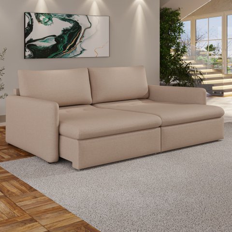 Sofá Cama sem Caixa Retrátil Reclinável Lunno D28 Mola Ensacada:Linho Saturno Areia/220cm