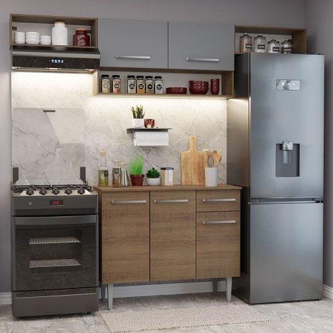 Armário de Cozinha Completa 225cm Rustic/Cinza Emilly Madesa 01
