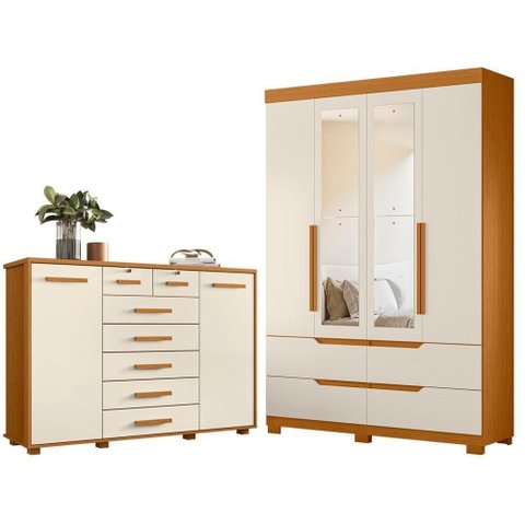 Guarda Roupa Solteiro com Cômoda Doble 4 Portas de Bater 4 Gavetas MDP Cinamomo Off White Albatroz