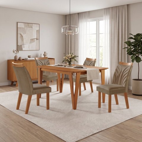 Conjunto Sala de Jantar Mesa Elos 1,35x0,90 Tampo Amadeirado 4 Cadeiras Veneza New Cinamomo Yescasa