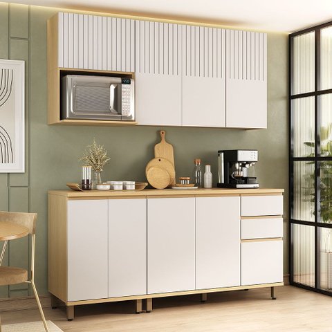 Cozinha Compacta 100 MDF 5 Peças com Tampo e Nicho para Micro-Ondas 180cm Aura Luciane Móveis