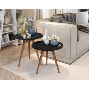 Jogo Conjunto 2 Mesa Mesinha Lateral Canto Tati Pé Palito Tampo 52cm Preto