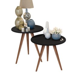 Jogo Conjunto 2 Mesa Mesinha Lateral Canto Tati Pé Palito Tampo 52cm Preto - 2