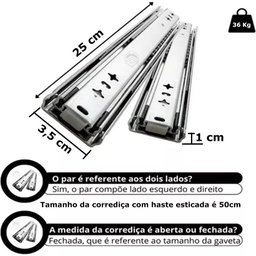 1 Par Corrediças Trilho Telescópico 25cm P/ Gaveta Móvel - 9