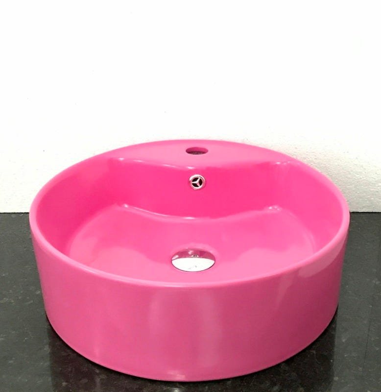 Kit com cuba louça redonda rosa apoio e válvula click - 1