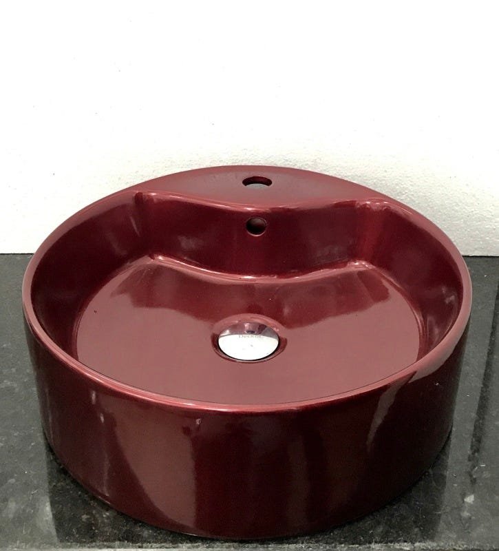 Kit com cuba louça redonda apoio vermelho vinho e válvula - 1