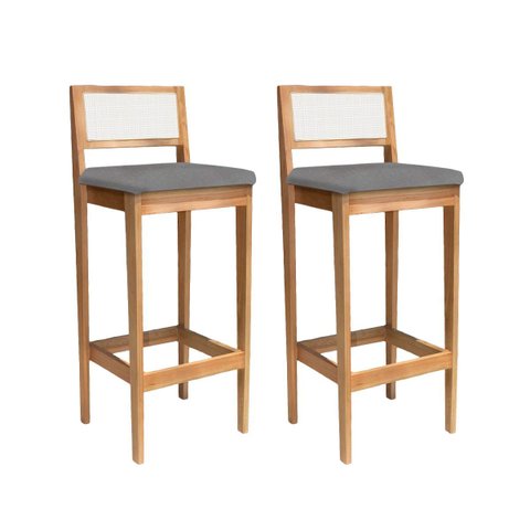 Kit 2 Banquetas Madeira Mel com Linho Chumbo para Churrasqueira com Encosto em Trama