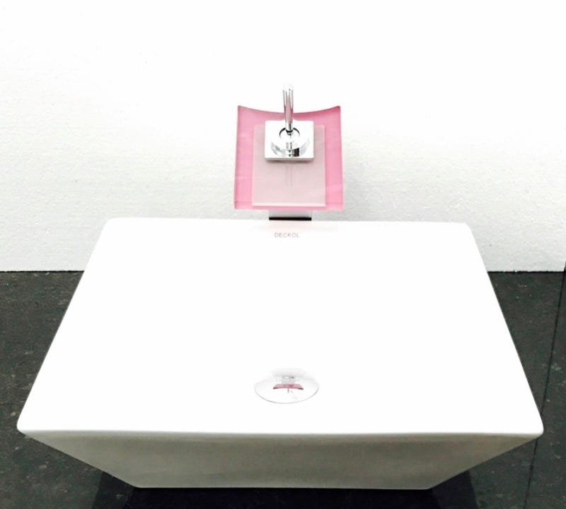 Kit com cuba louça quadrada,válvula,torneira rosa - 1
