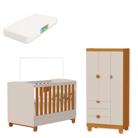 Quarto de Bebe Berço Americano + Guarda Roupa Infantil 3P 3g Apolo com Colchção Areia Savana