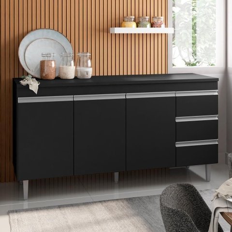 Bancada de Cozinha Calora 3 Portas 1 Prateleira MDP 145cm Preto AJL Móveis