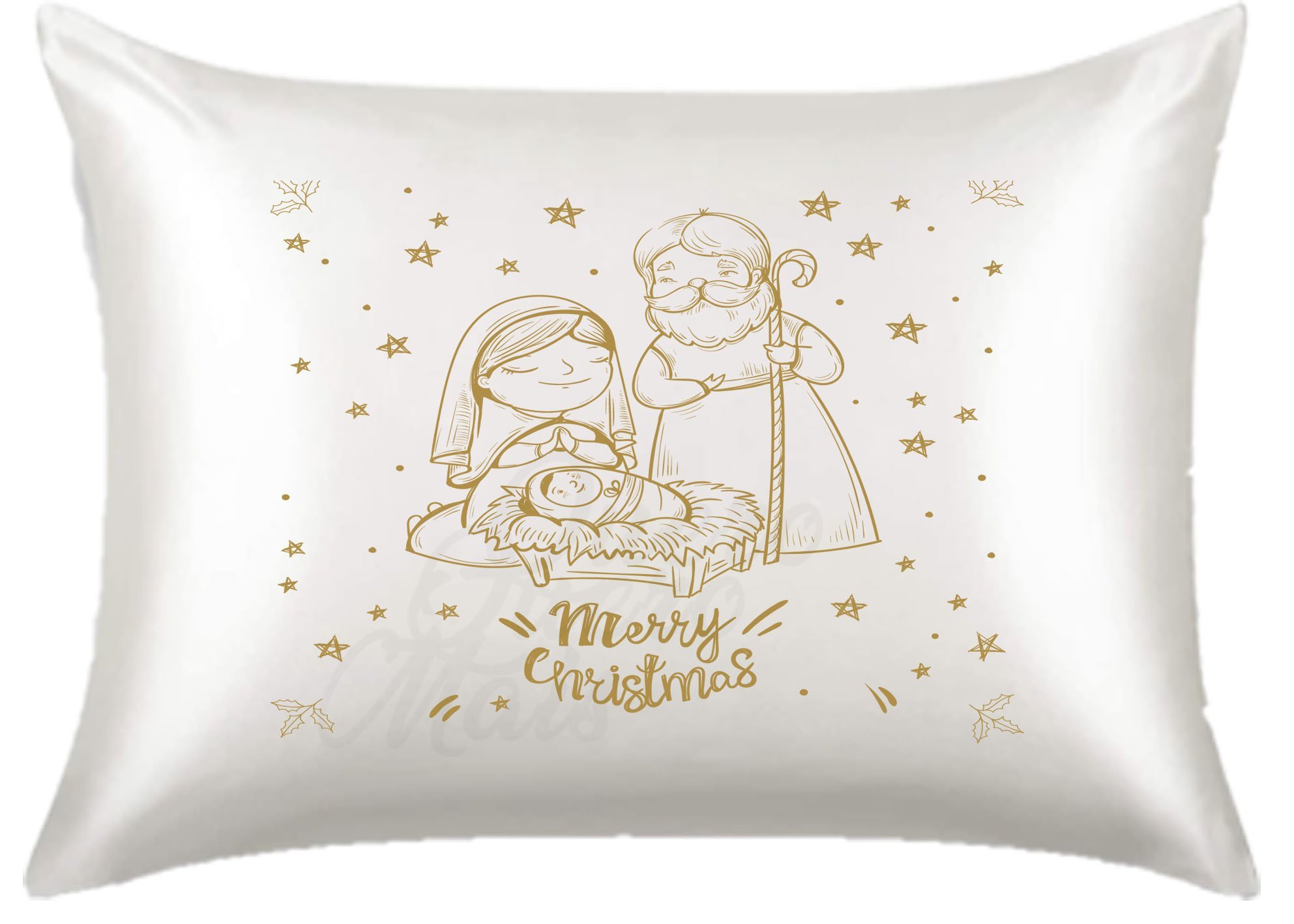 Fronha de Cetim Personalizada Presépio Dourado Natal Cute 1